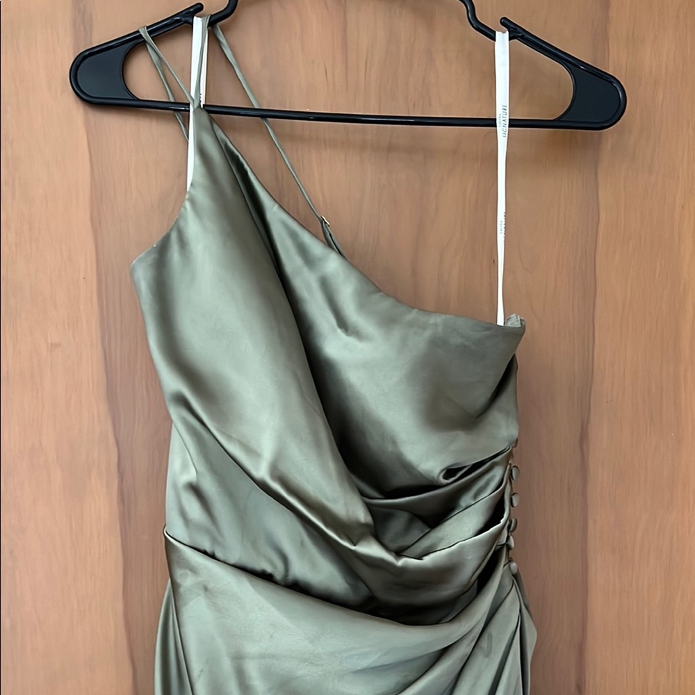 Elegant One-Shoulder Satin Draped Dress in Sage Green
